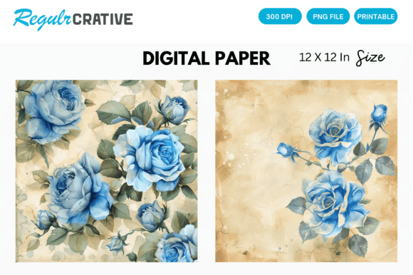 Download Watercolor Blue Rose Digital Paper Pack - Digital paper Collection